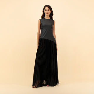 MAXI COMBINED LEATHER-CHIFFON PLEATED DRESS