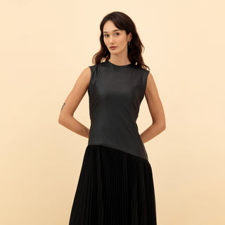 MAXI COMBINED LEATHER-CHIFFON PLEATED DRESS