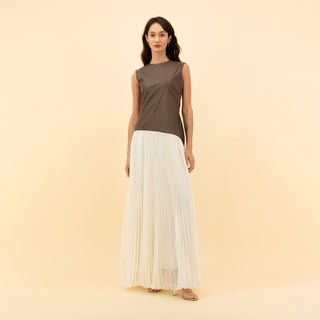 MAXI COMBINED LEATHER-CHIFFON PLEATED DRESS