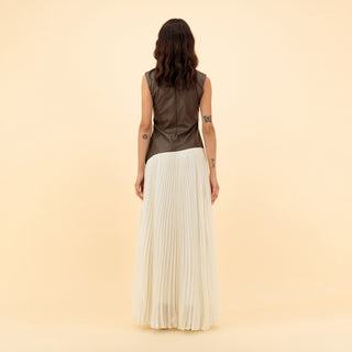 MAXI COMBINED LEATHER-CHIFFON PLEATED DRESS