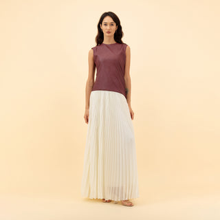 MAXI COMBINED LEATHER-CHIFFON PLEATED DRESS