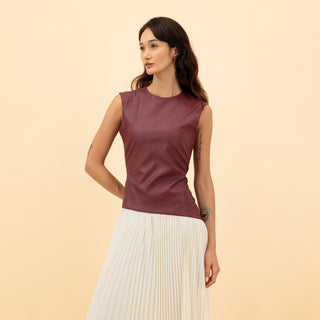 MAXI COMBINED LEATHER-CHIFFON PLEATED DRESS